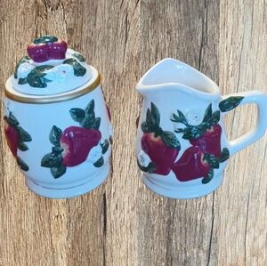 Apple Sugar & Creamer Set K. K. Merchandise White Flowers Red Embossed Apples